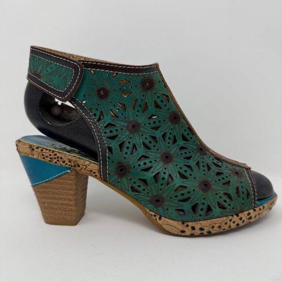 L'Artiste Hand Painted Leather Slingback Block Heels 7.5-8 - Picture 4 of 15